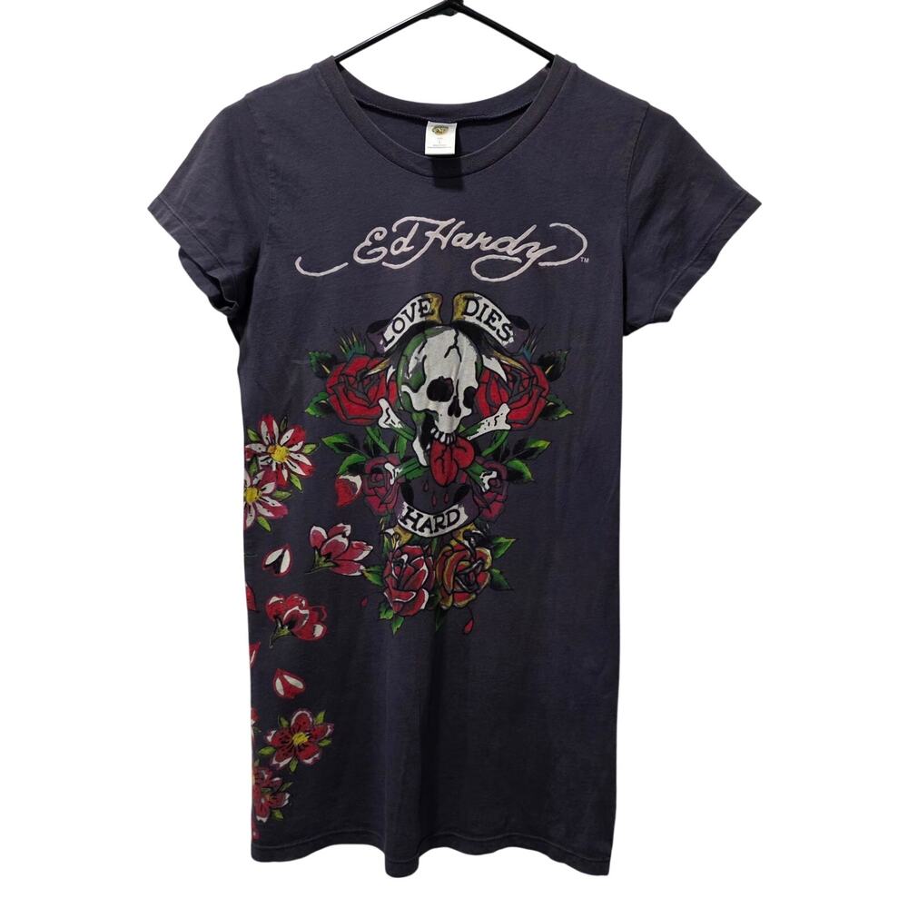 Y2K Ed Hardy Women's Love Dies Hard Short Sleeve T-Shirt Gray size Large